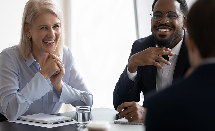 Business professionals collaborating in a modern office environment.